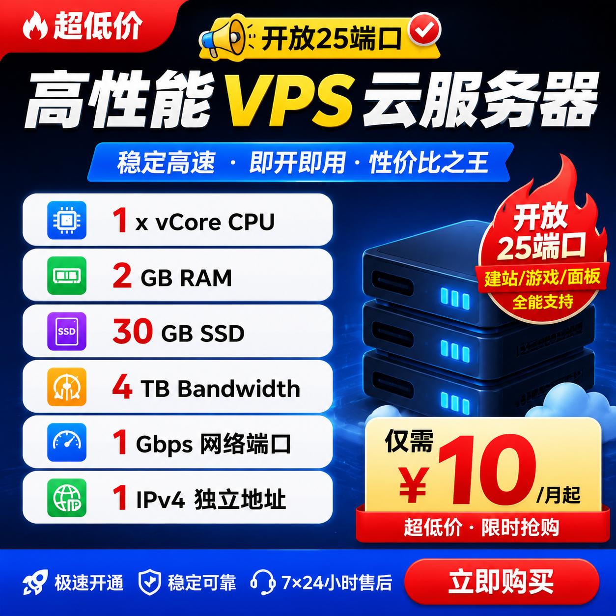 美国SSD VPS｜2GB RAM 30G SSD 4TB带宽 1Gbps端口 25端口可发邮件 洛杉矶LA/纽约NY可选 年付仅120